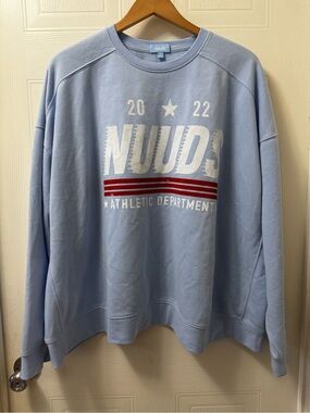 nuuds Light Blue Crewneck Sweatshirt with White Logo and Red Stripes